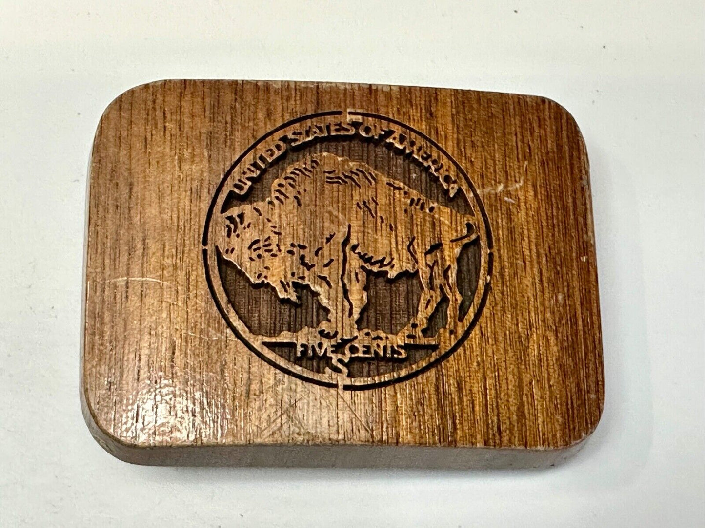 Vintage Buffalo Nickel Five Cents Wood Laser Engraved Lazercraft Belt Buckle USA