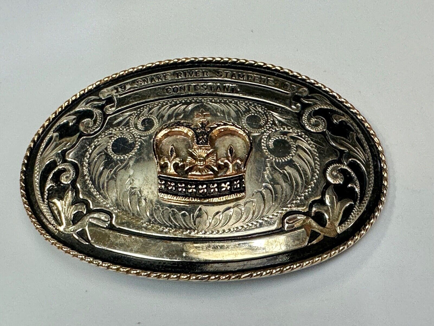 1983 Snake River Stampede Rodeo Idaho Trophy Comstock German Silver belt buckle