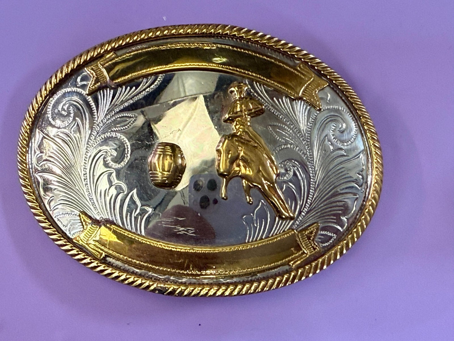 Vintage Barrel Racing Trophy Award Blank Ribbon Vtg. German Silver Belt Buckle