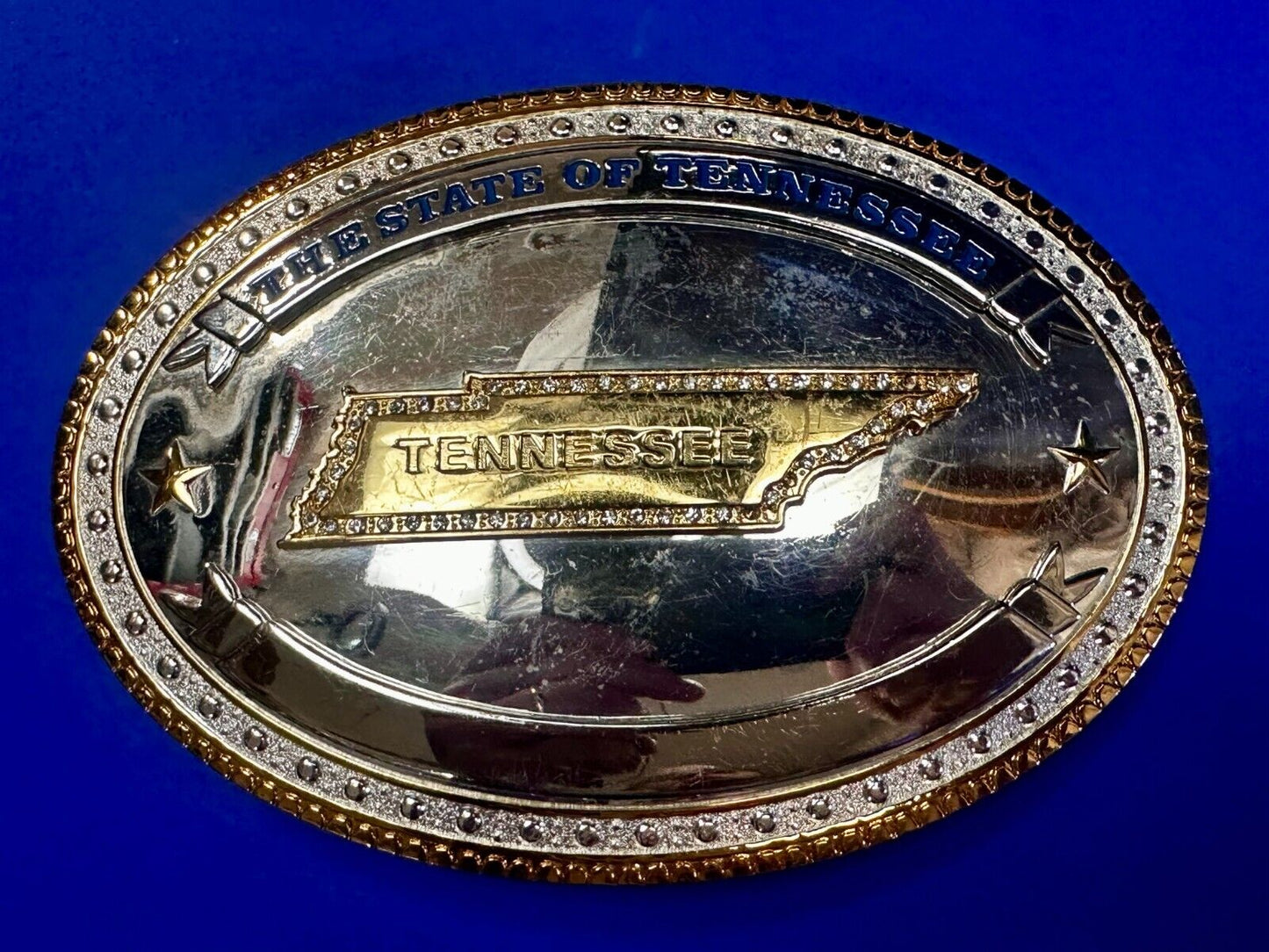 The State of Tennessee with Rhinestone Accents Two Tone Large Belt Buckle by ATI