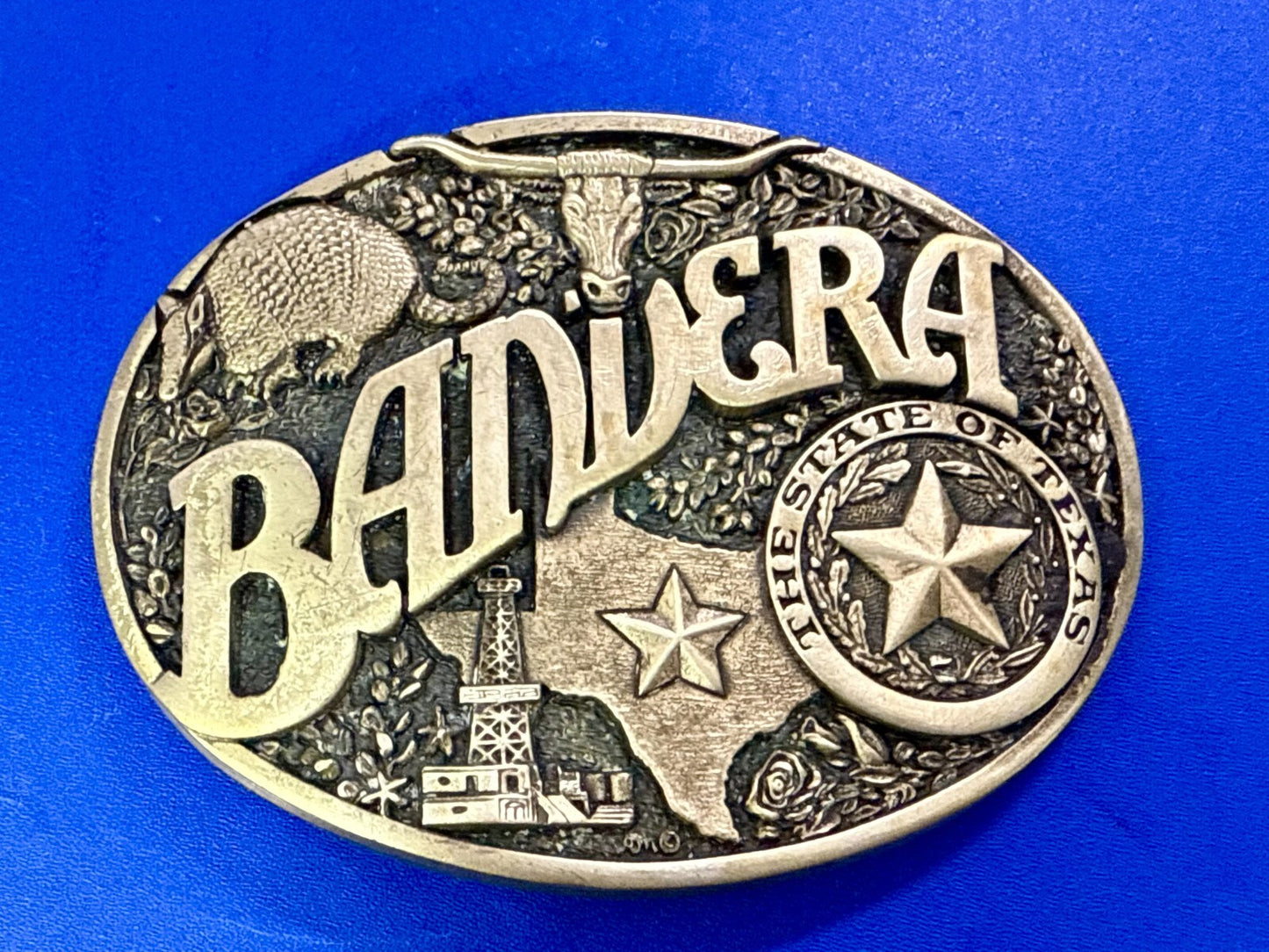 Bandera Texas State Seal , Oil, Star, Longhorn Vtg ADM Solid Brass Belt Buckle