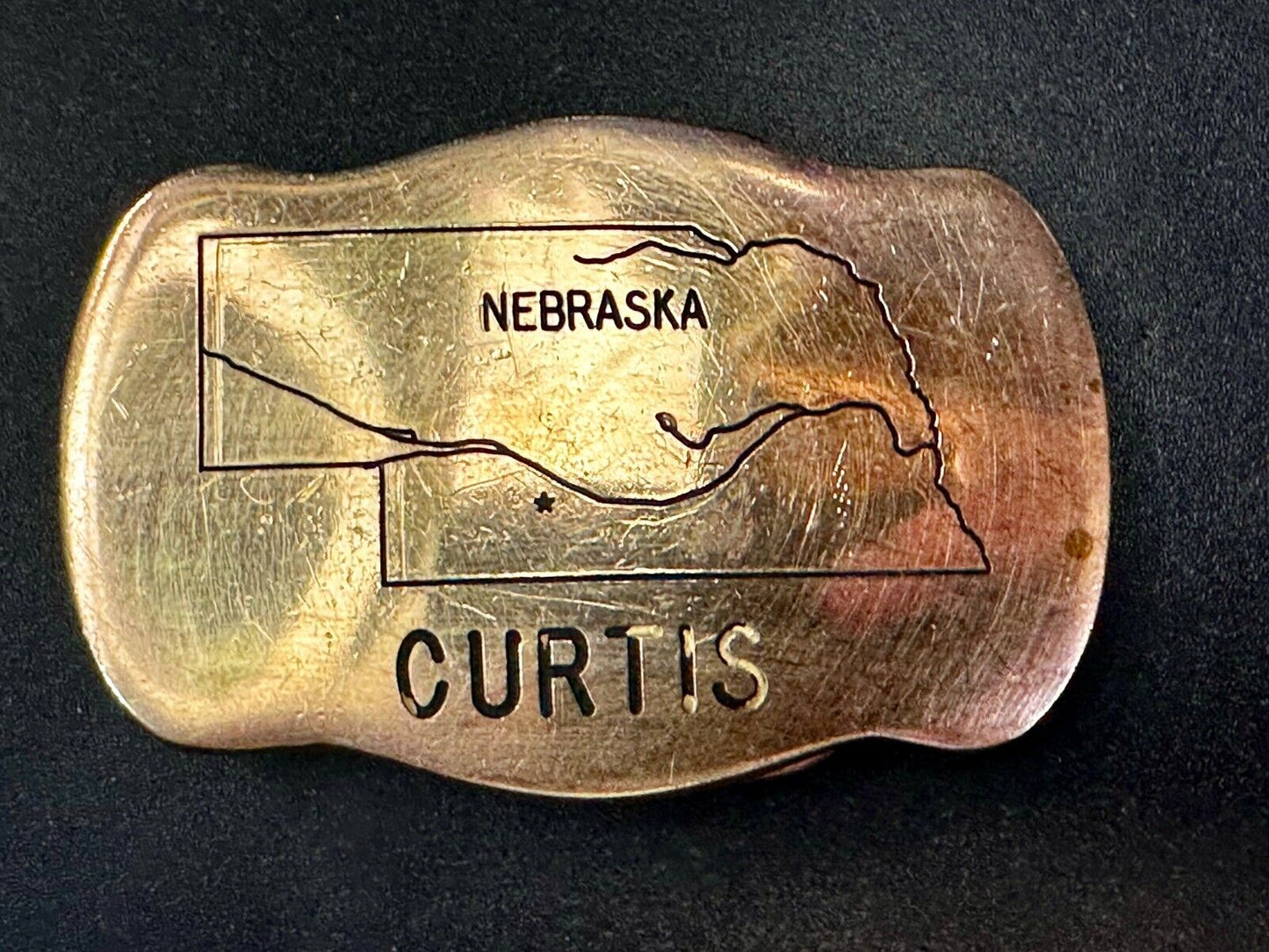 The Great States of NEBRASKA Map City of Curtis Commemorative Brass Belt Buckle
