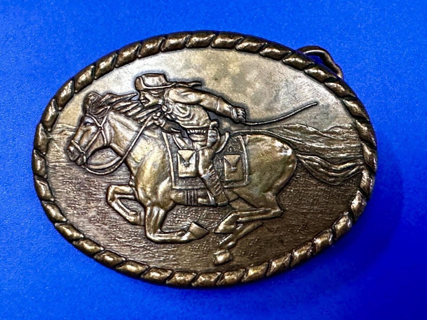 Vintage 1981 Pony Express Rider Mervyn's Commemorative Brass Tone Belt Buckle