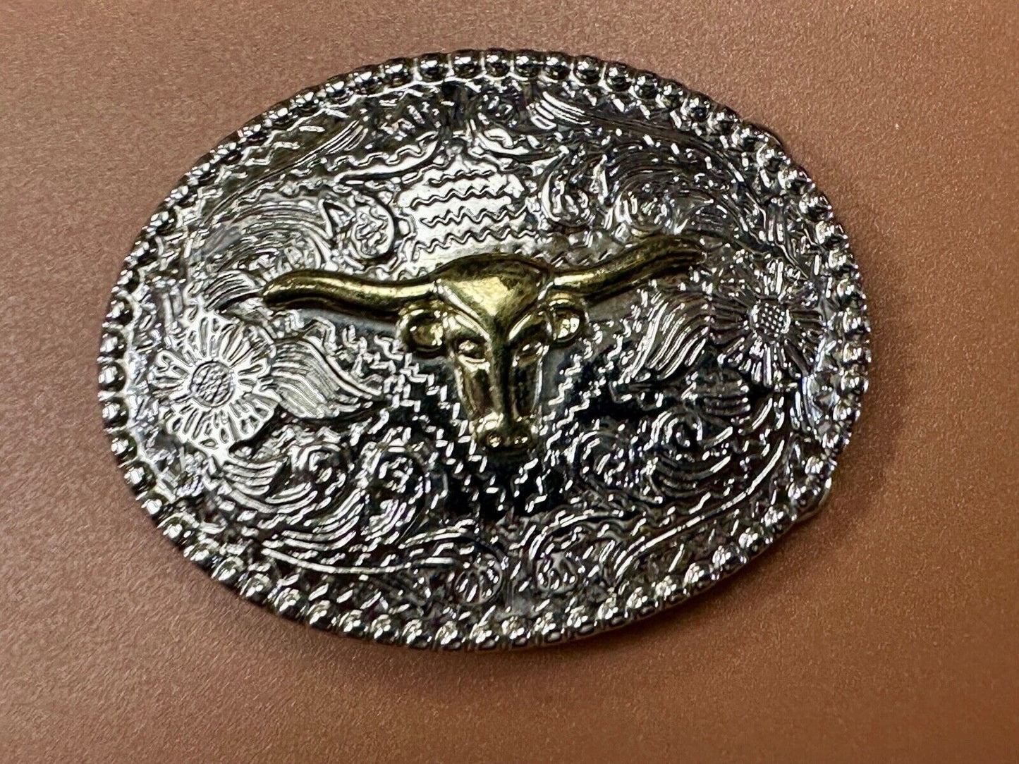 The Longhorn cow steer - cowboys cowgirls western two color oval belt buckle
