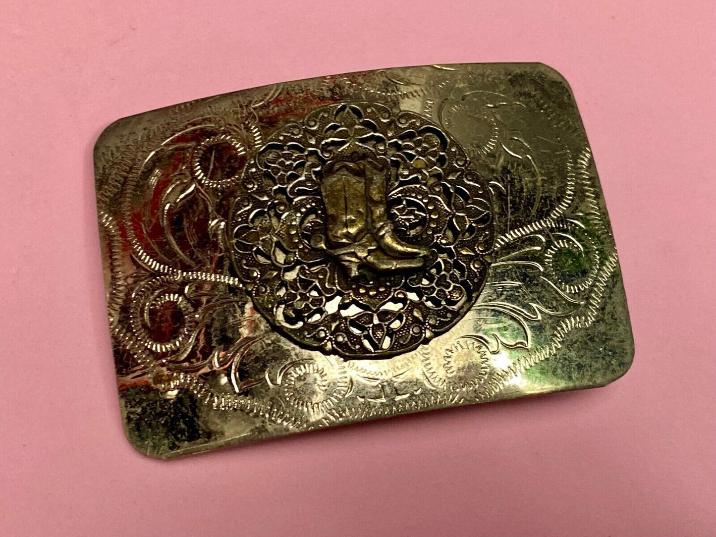 Beautiful Ornate Cowboy Boots W/ Spurs Western Vintage Flower Swirl Belt Buckle