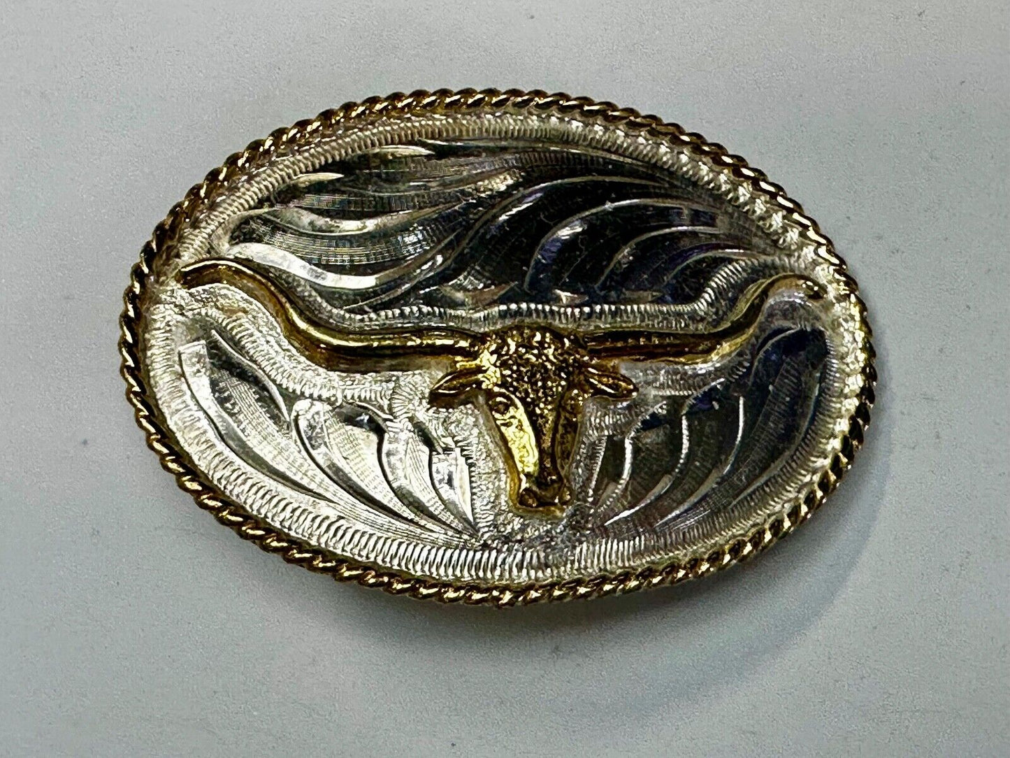 Beautiful Longhorn Western Cowboys Steer Vintage Two Tone Alpaca Mex Belt Buckle