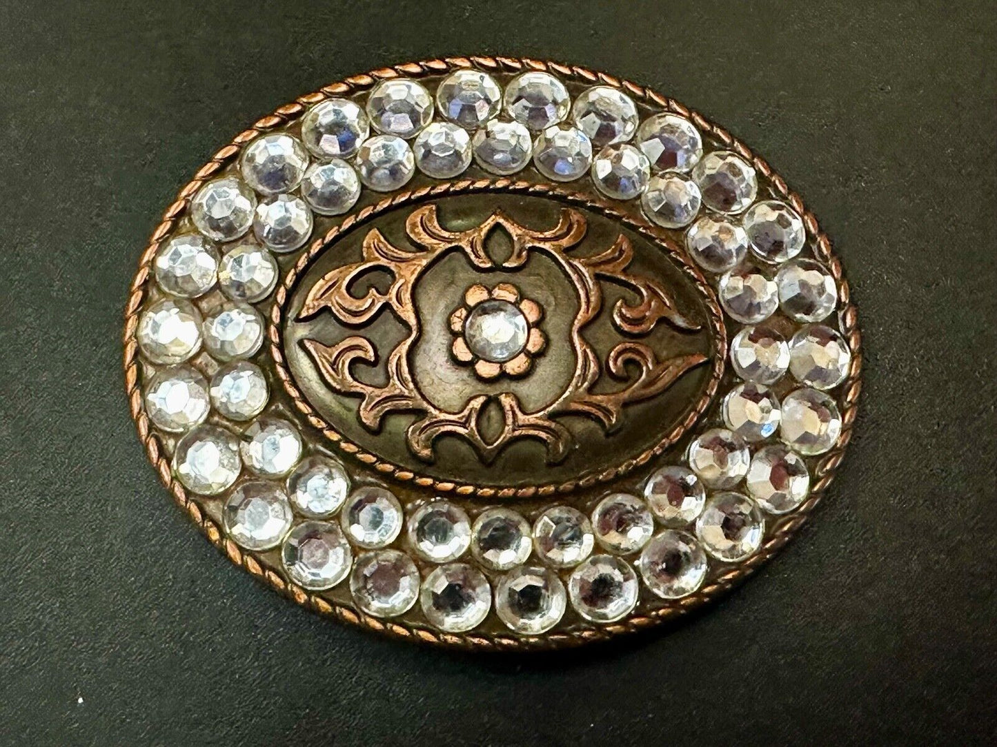 Vintage brown oval floral theme Belt Buckle with Rhinestone surround