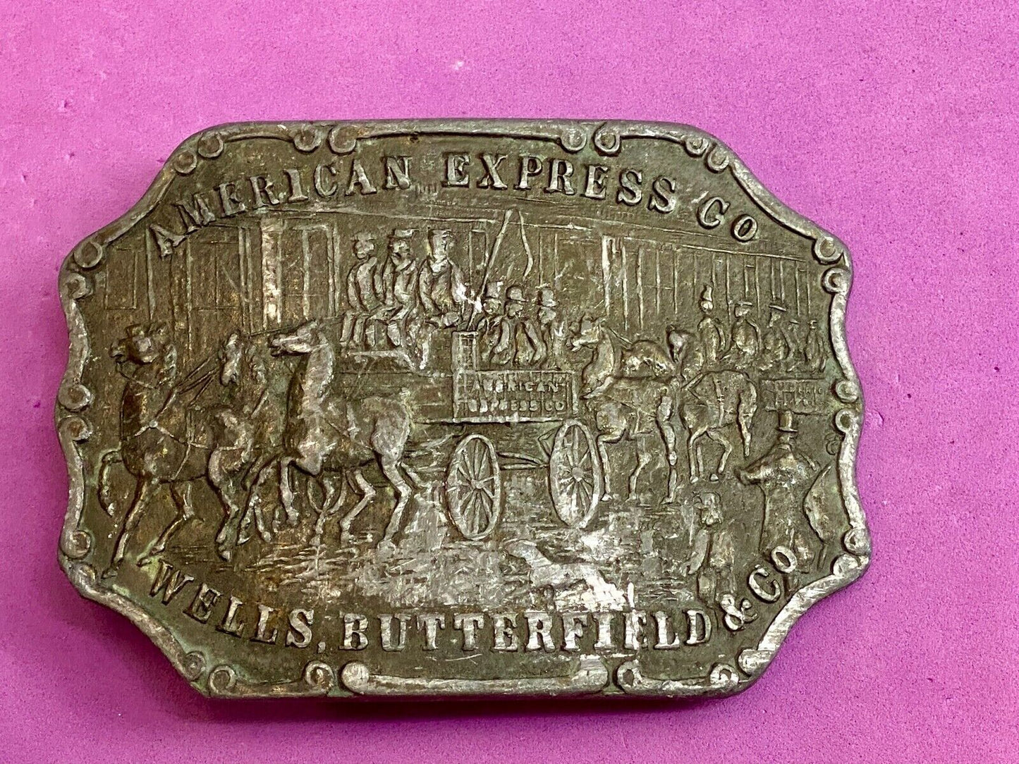 vintage american express wells butterfield belt buckle horses buggy - signed
