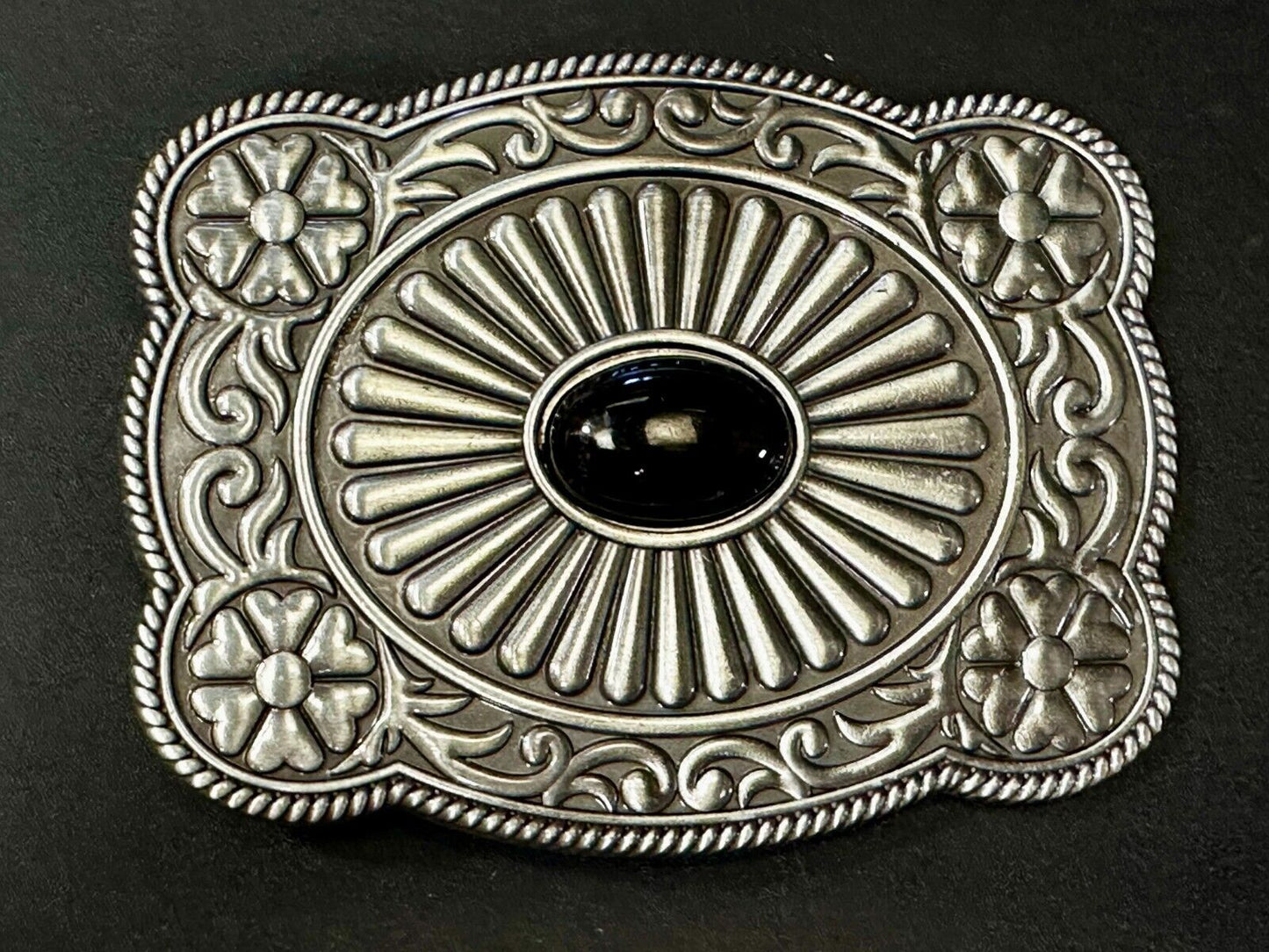 Black Faux Stone Cabochon Centerpiece in Western Framed Belt Buckle