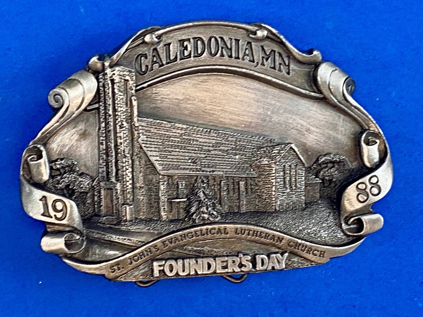 Vintage 1988 - Founder’s Days Caledonia MN belt buckle St Johns Lutheran Church