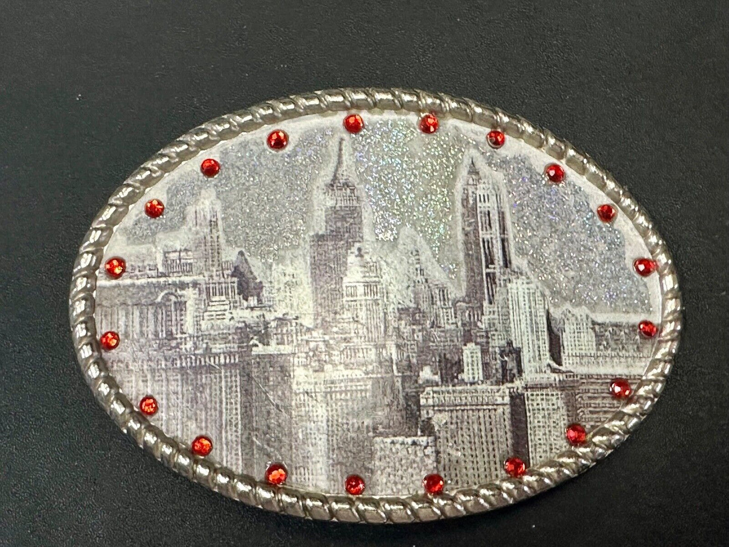Vintage City Scape Picture Red Rhinestone Accented Oval Belt Buckle
