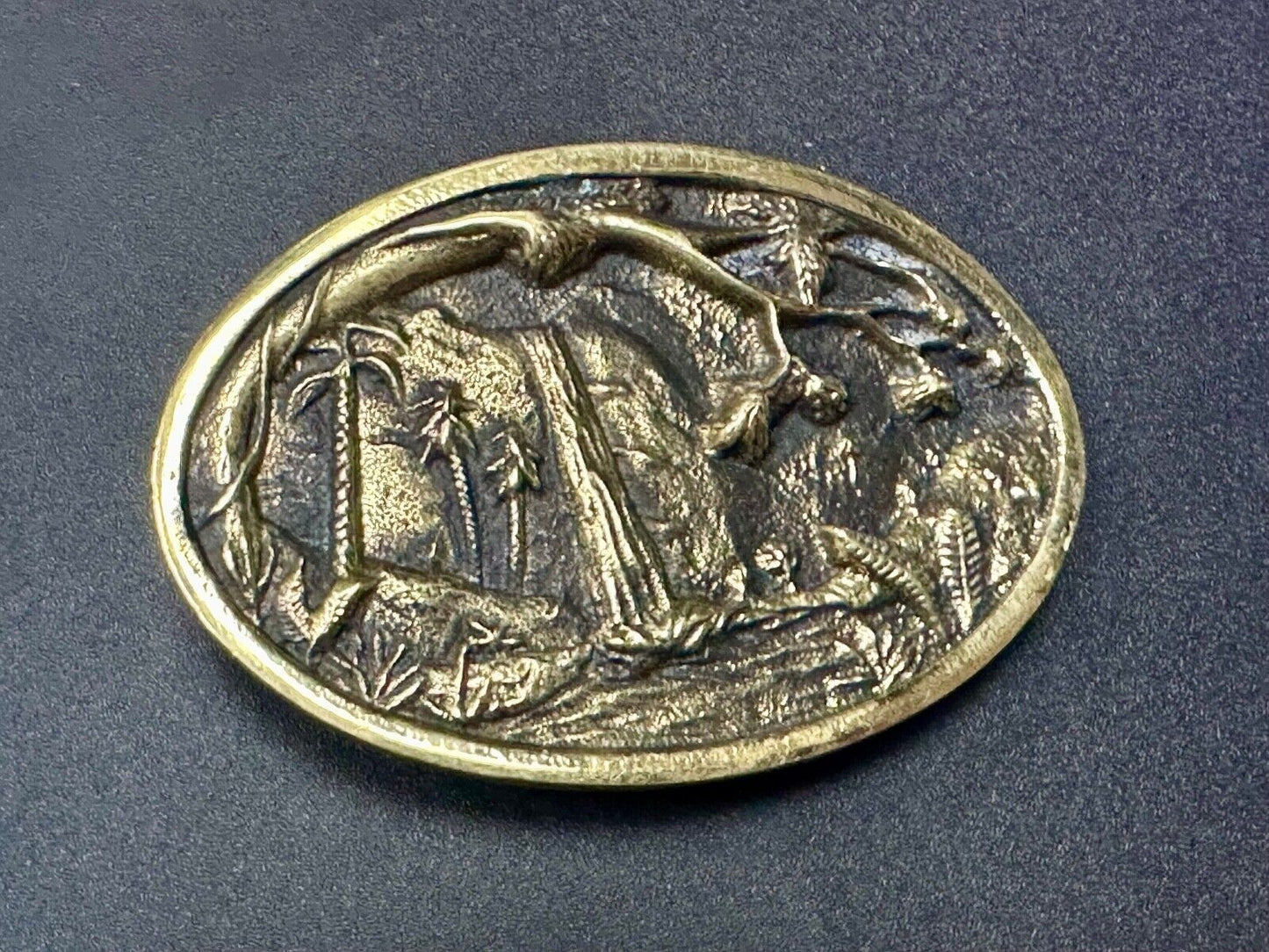 Beautiful water fall nature scene on Vintage BTS solid brass belt buckle