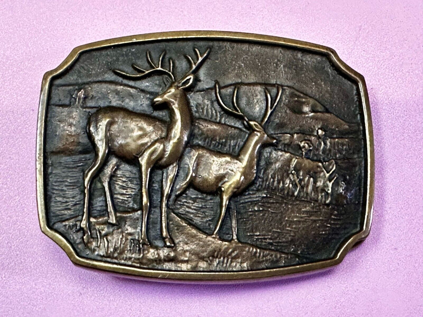 Vintage 1978 BTS Solid Brass Belt Buckle Deer Buck Running Wilderness Made USA