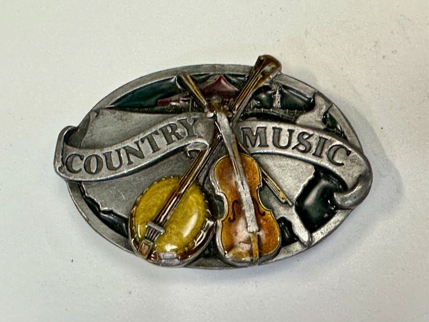 Vintage Enameled Country Music Guitar Fiddle - Bergamot Brass works Belt Buckle