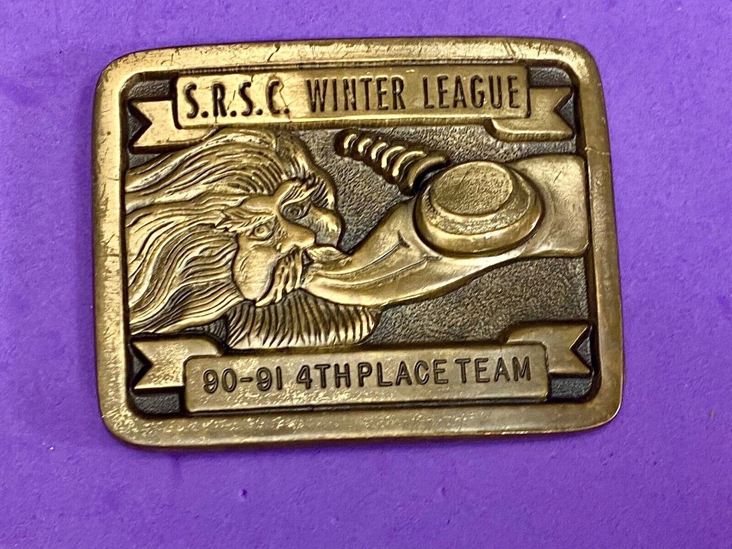 Vintage 1990 Trophy Belt Buckle Srsc Winter League Sports Teams Old Man Winter