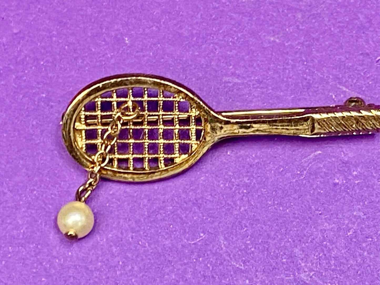 Vintage Avon Jewelry Goldtone Tennis Racquet Brooch Faux Pearl Ball, 1 3/4" long