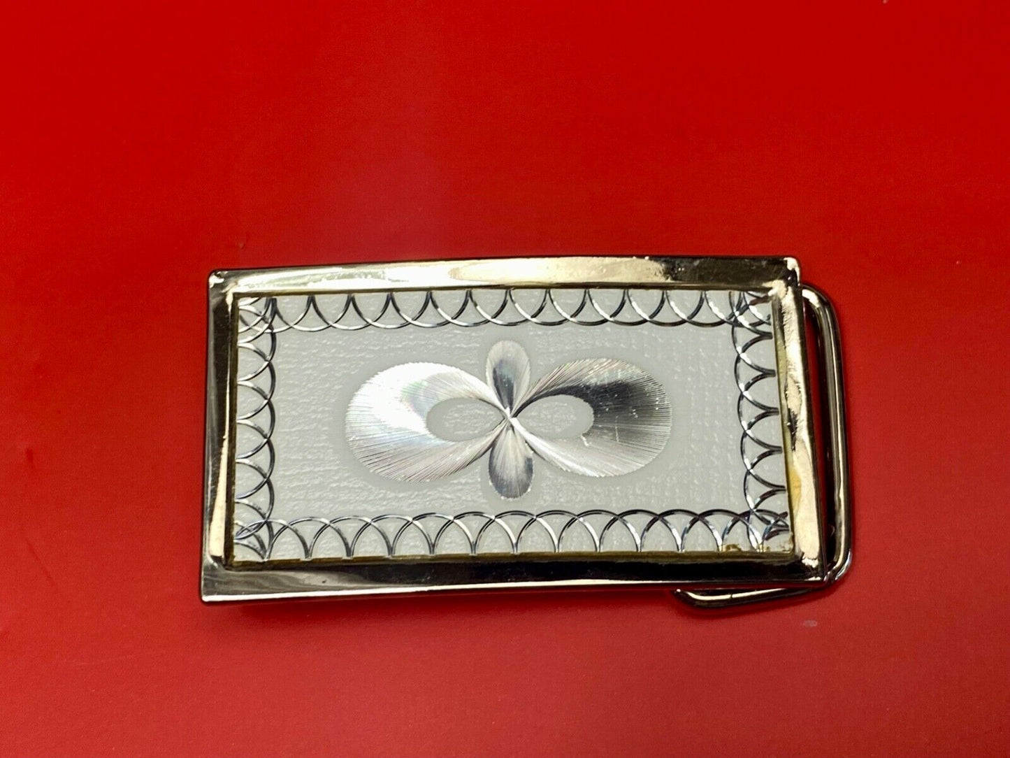 Vintage Etched silver tone rectangular belt buckle
