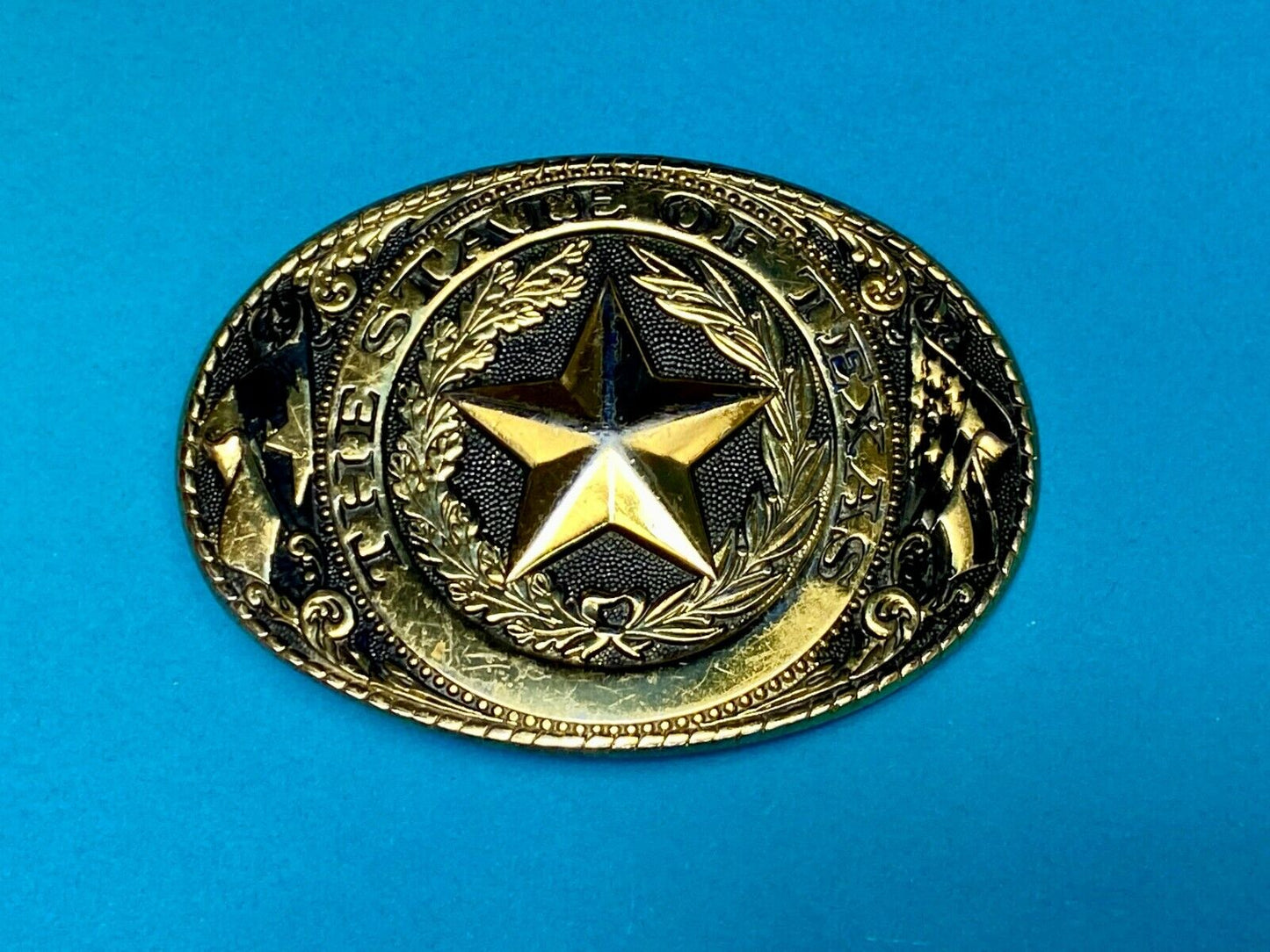 The State Of Texas Star Flag Ornate Gold Color Western Belt Buckle Marked W