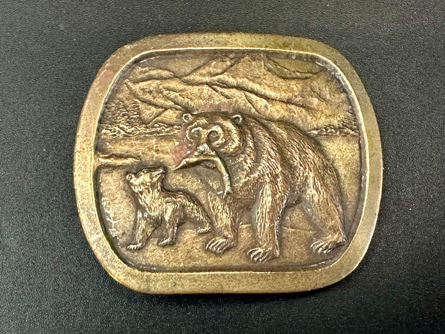 Black Bear with Cub learning to Fish vintage Indiana Metal Craft belt buckle
