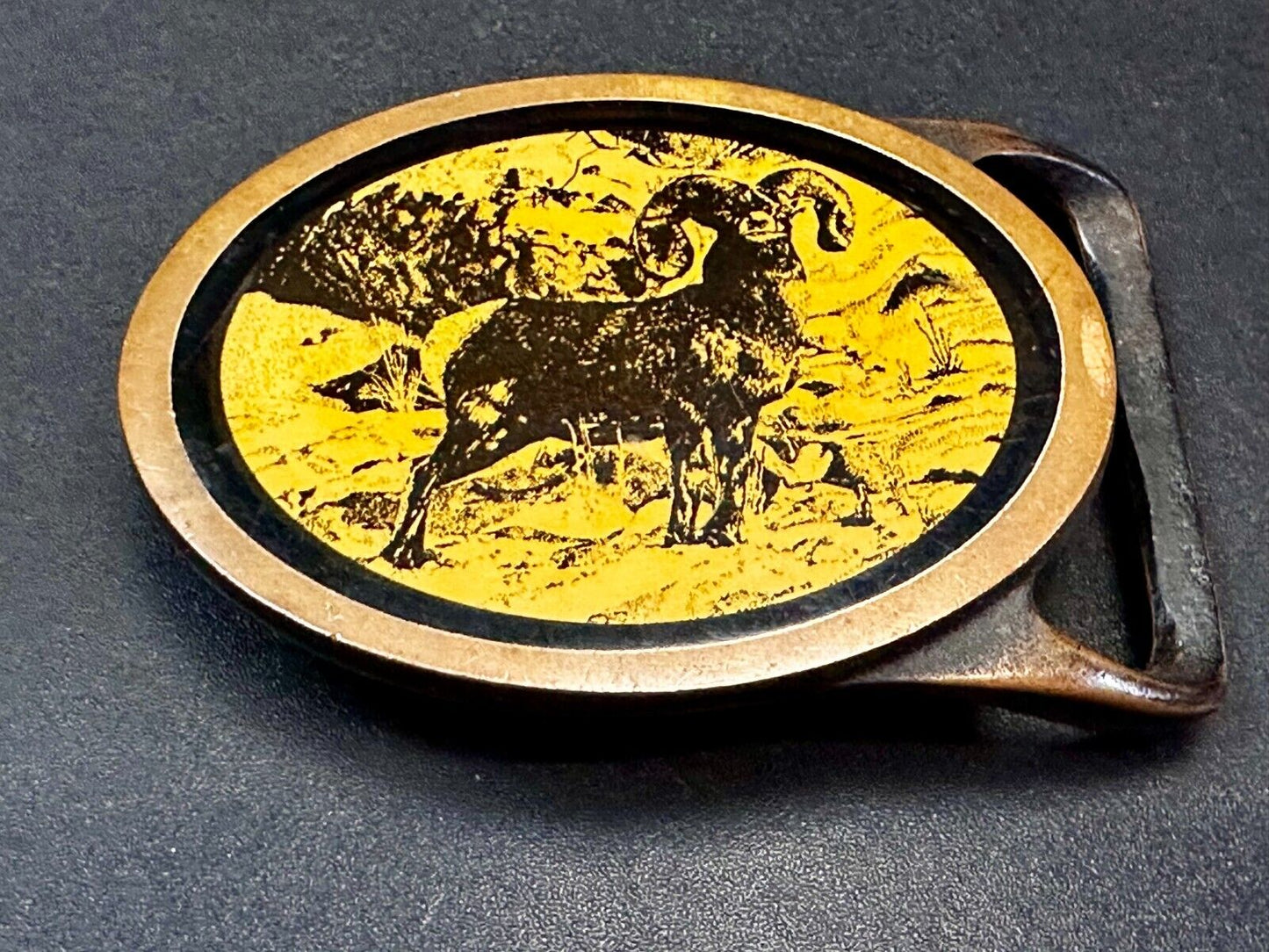 Bighorn Ram Mountain Goat Wildlife Scene Vintage Tech Ether Guild Belt Buckle