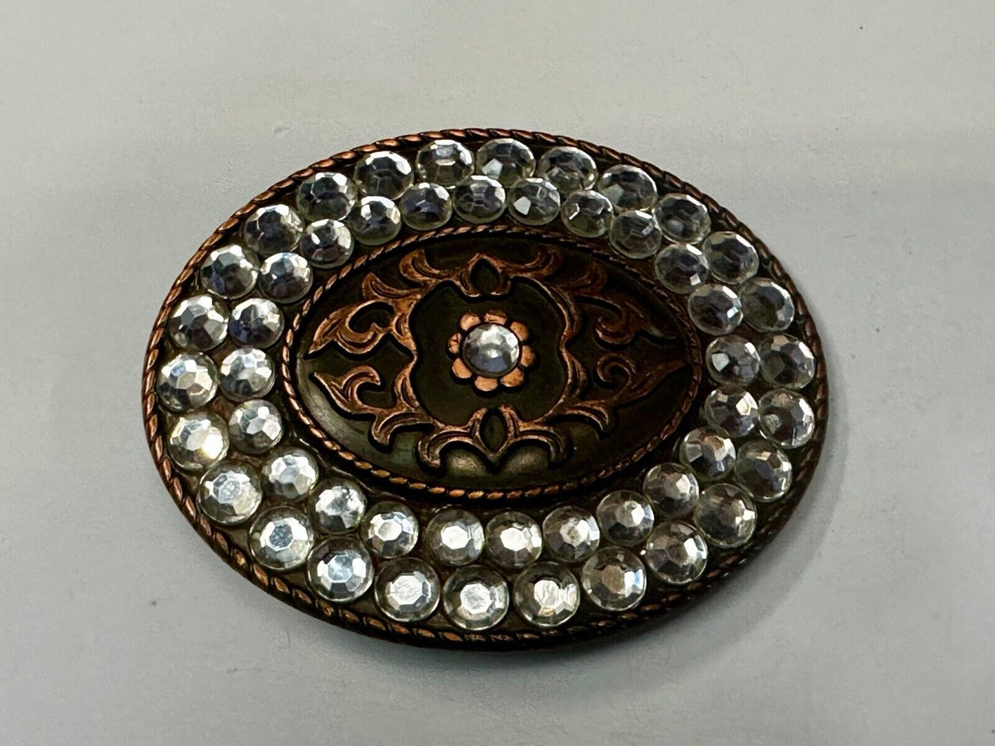 Vintage brown oval floral theme Belt Buckle with Rhinestone surround