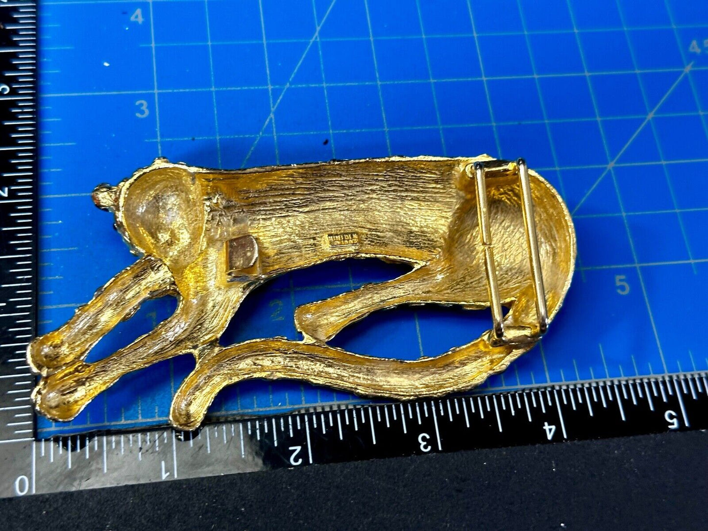 Vintage 1987 MIMI Di N Large Tiger Buckle Animal Gold Tone Black Enamel Spots