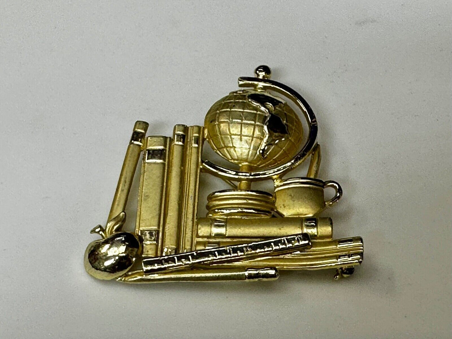 Teacher Gift! Globe Books Apple Ruler Gold Tone Brooch Pin Vintage by AJC