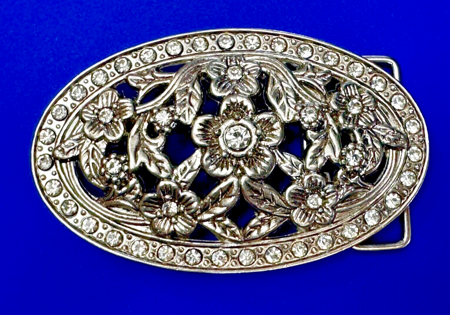 Swirl Flower Ornate Openwork Rhinestone Border Accent Silver Tone Belt Buckle