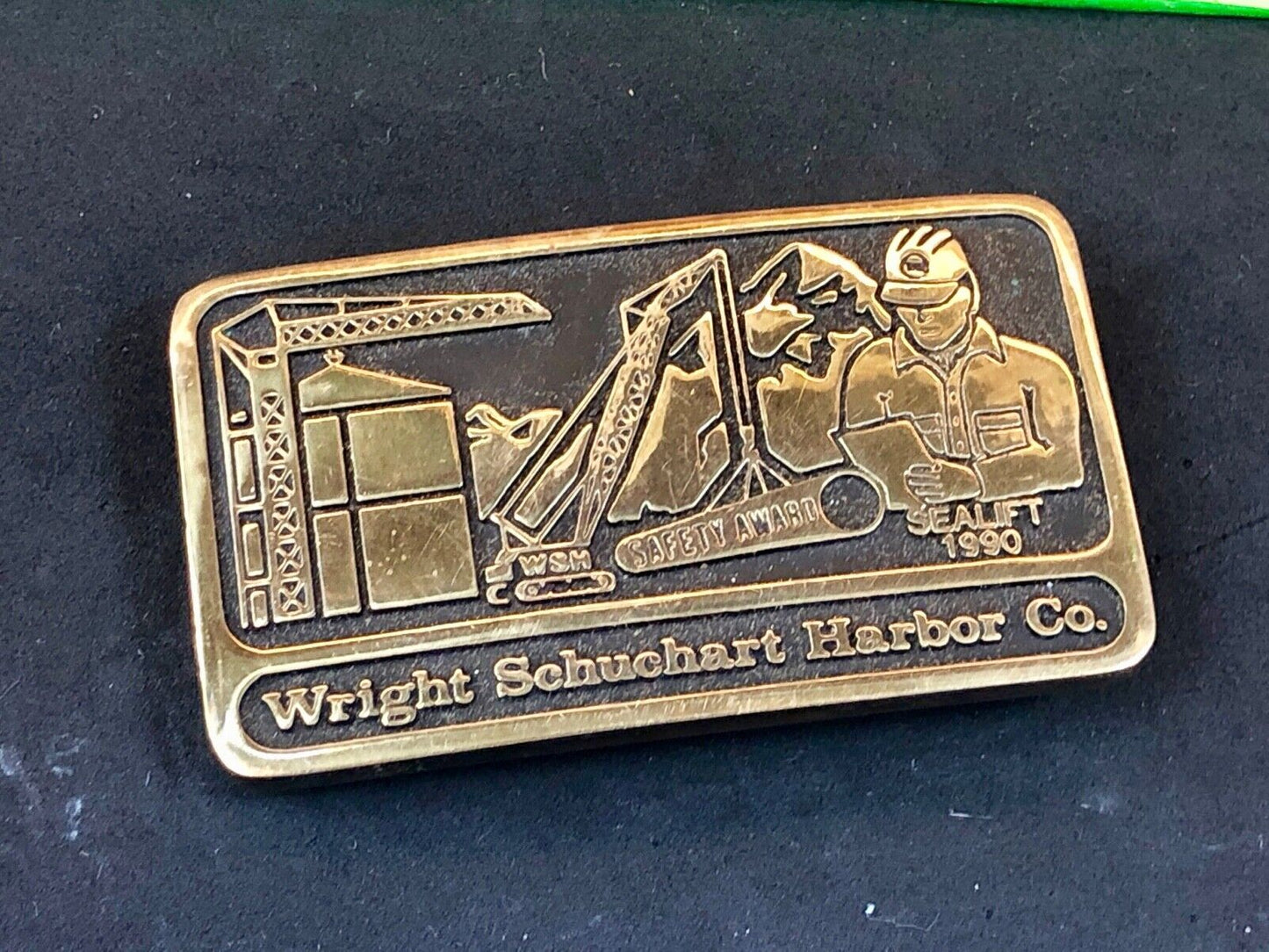 Vintage 1990 hand made solid brass Wright Schuchart Harbor Co promo Belt Buckle