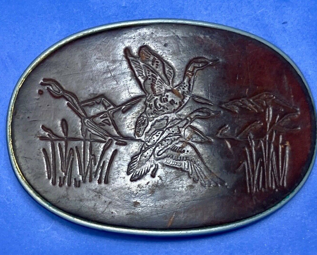 Vintage Ducks taking off flying from pond - nature leather belt buckle