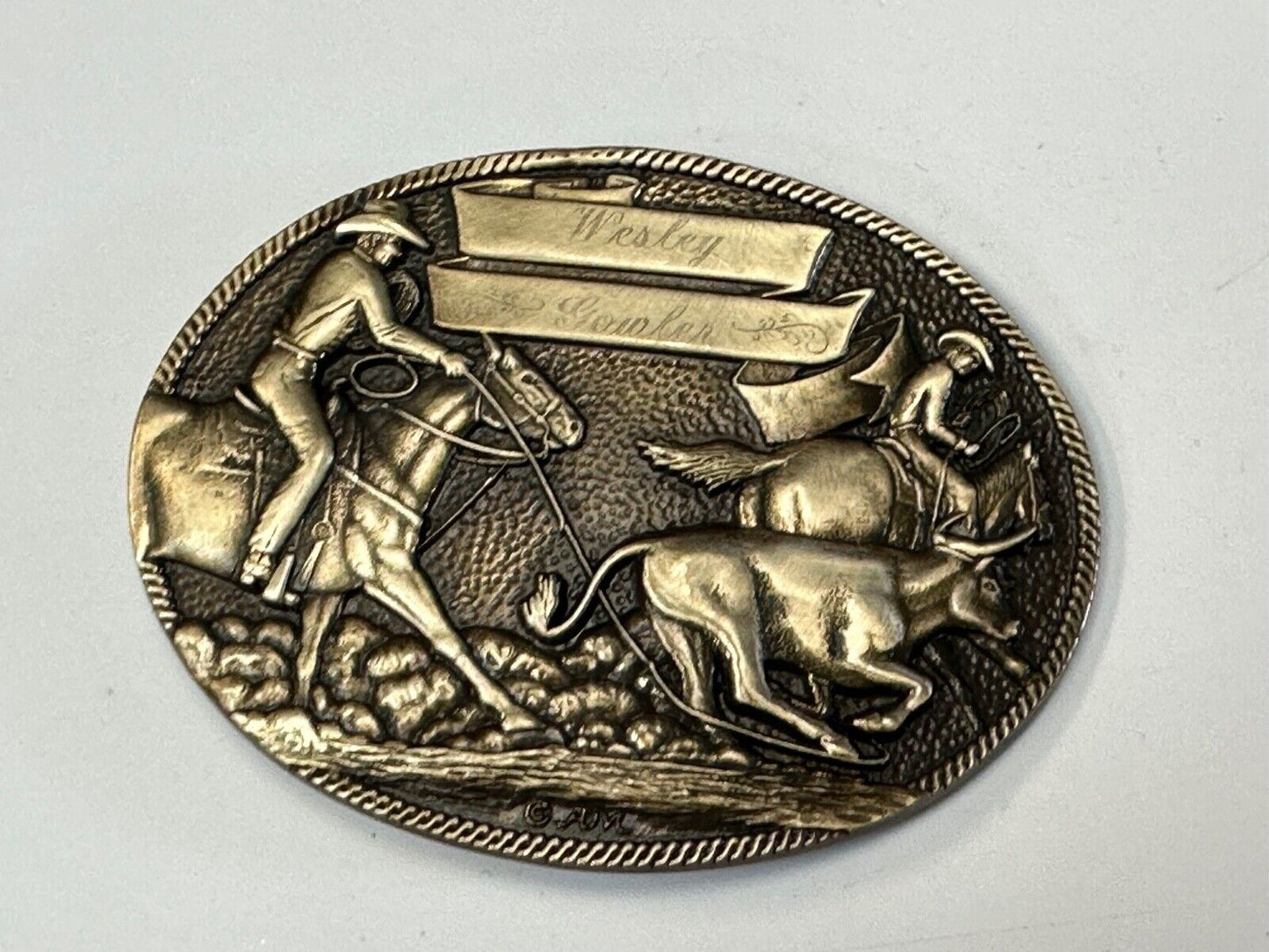 The Cattle Drive Western Rodeo Cowboys engraved award ribbon scroll belt buckle