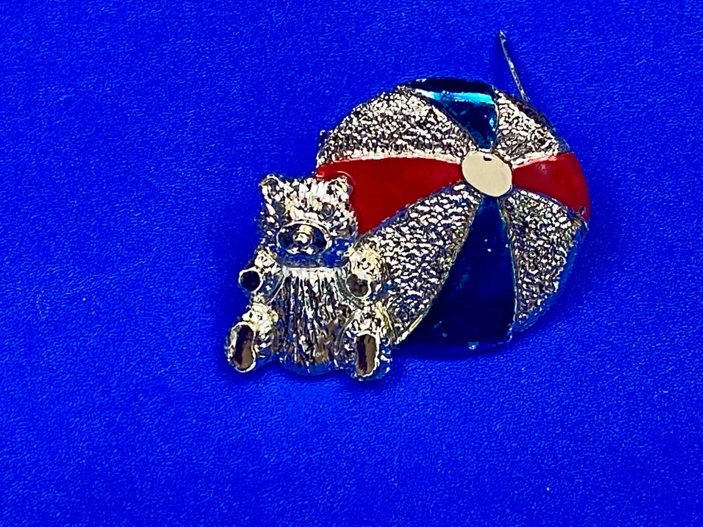 Teddy Bear with Beach Ball Vintage Blue Red Enamel Signed Brooch Pin