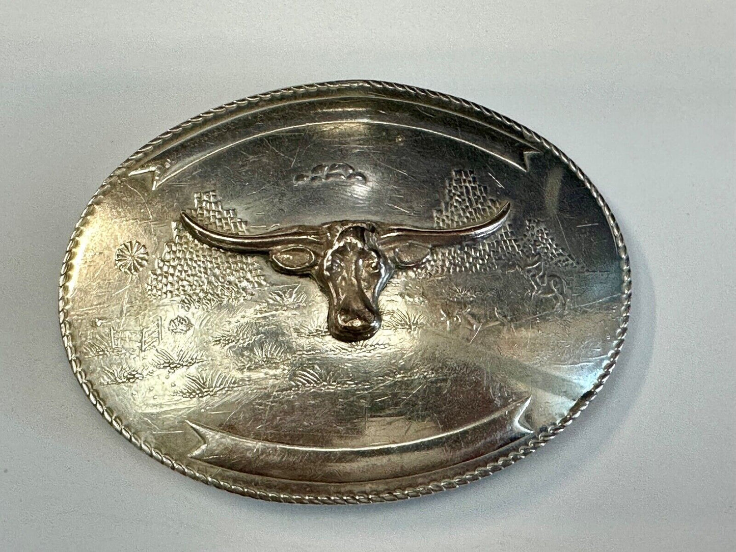 Texas longhorn - Vintage Artisan? two tone engraved award ribbon Belt Buckle