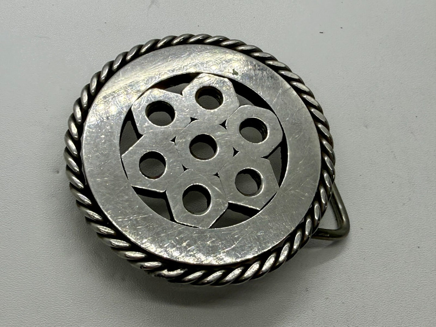 Artisan Welder's Art Handmade Abstract Open Work Round Silver Color Belt Buckle