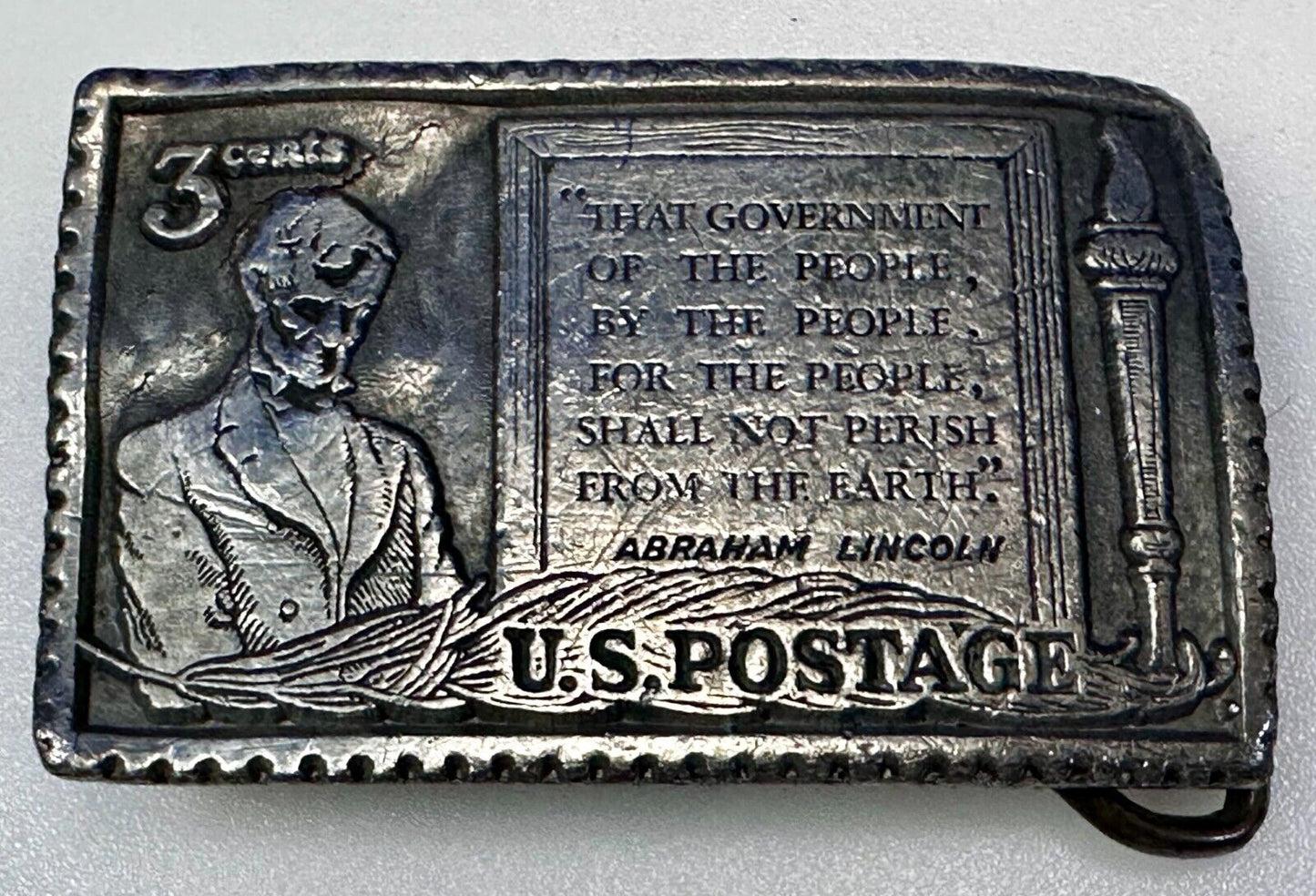 3 Cent Honest Abe Lincoln Stamp Collectors USA Patriotic Pewter Belt Buckle