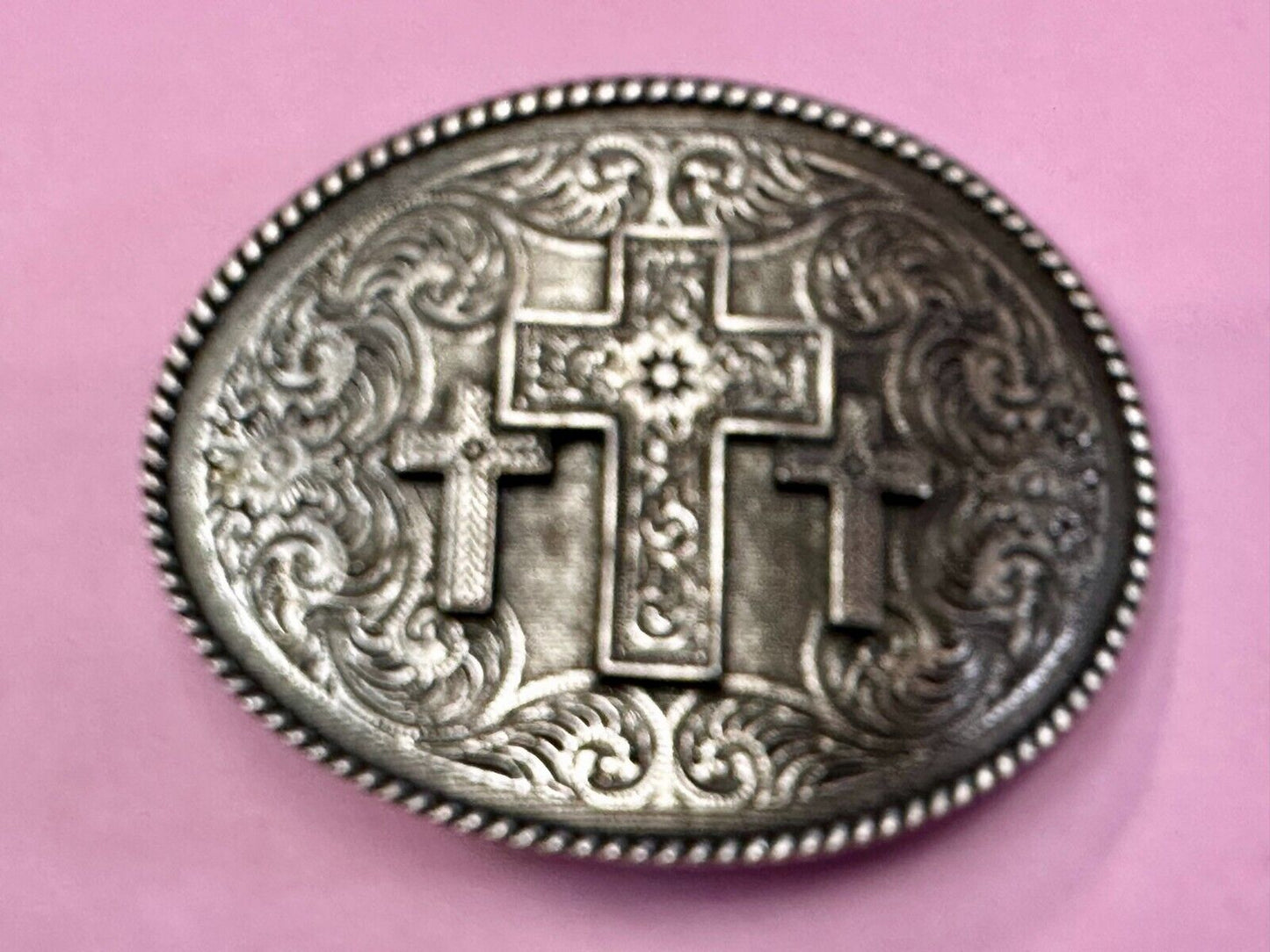 Three Cross Religious Faith Christian Flower Swirl Western Belt Buckle by Taylor