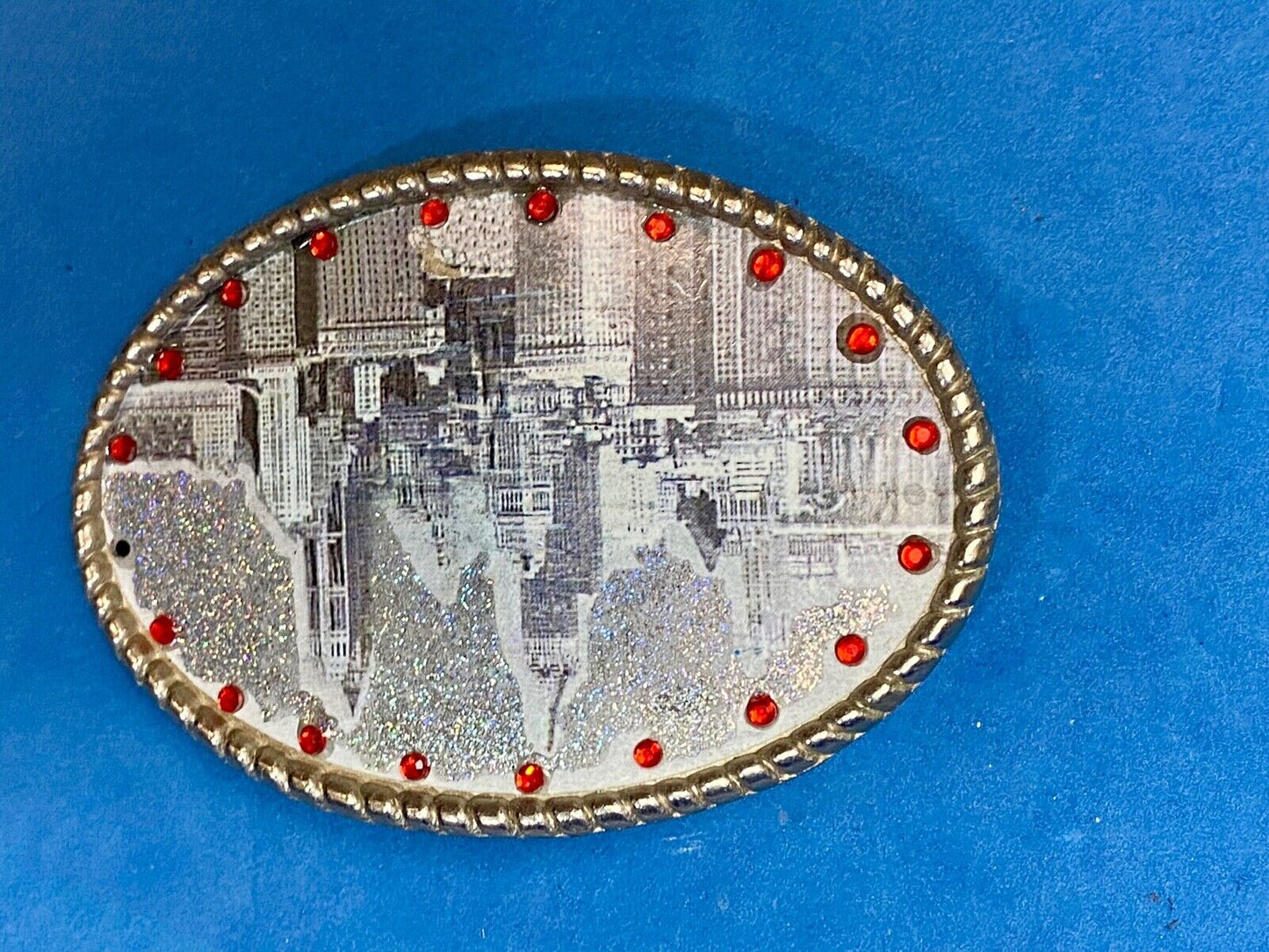 Black & White Cityscape Red Rhinestones Oval belt buckle