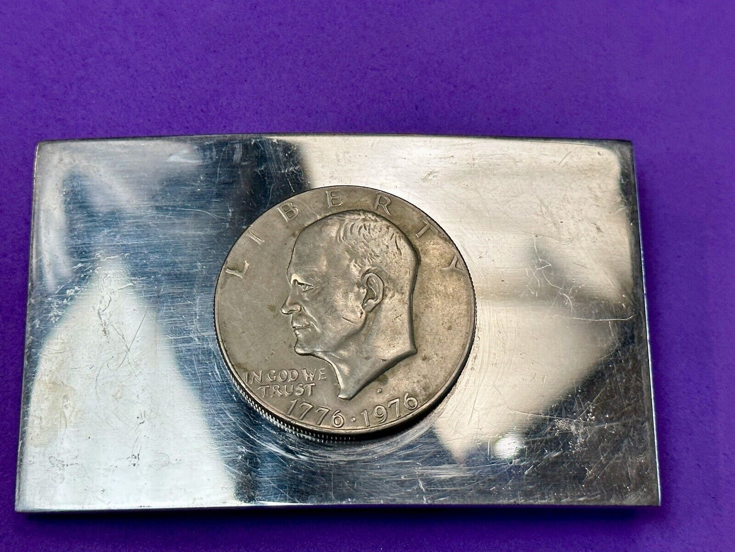 Vintage Bicentennial 1976 Liberty coin collectors artisan reflective belt buckle