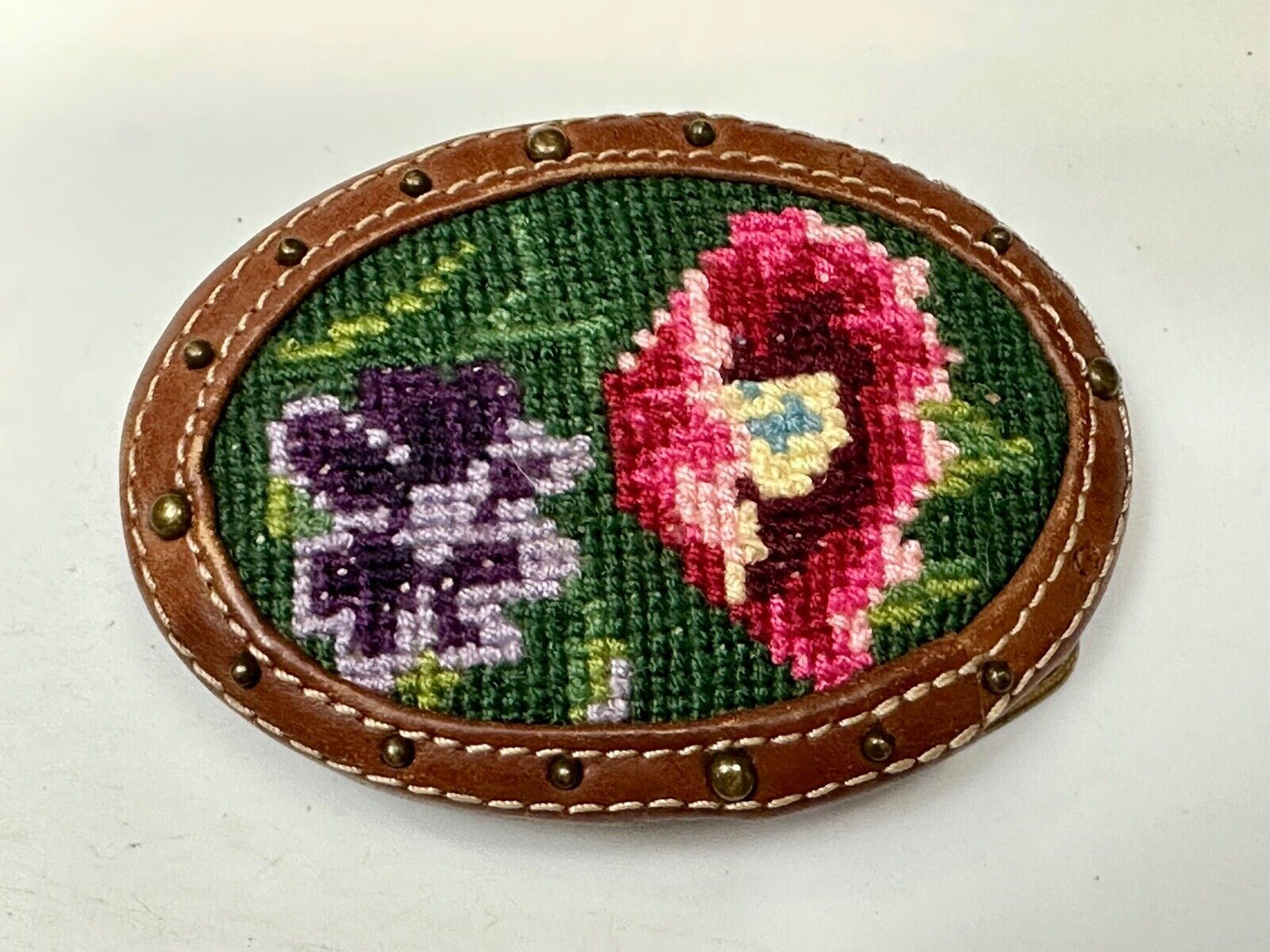 Beautiful Flowers Artisan cross-stitched on brown leather Vintage Belt Buckle