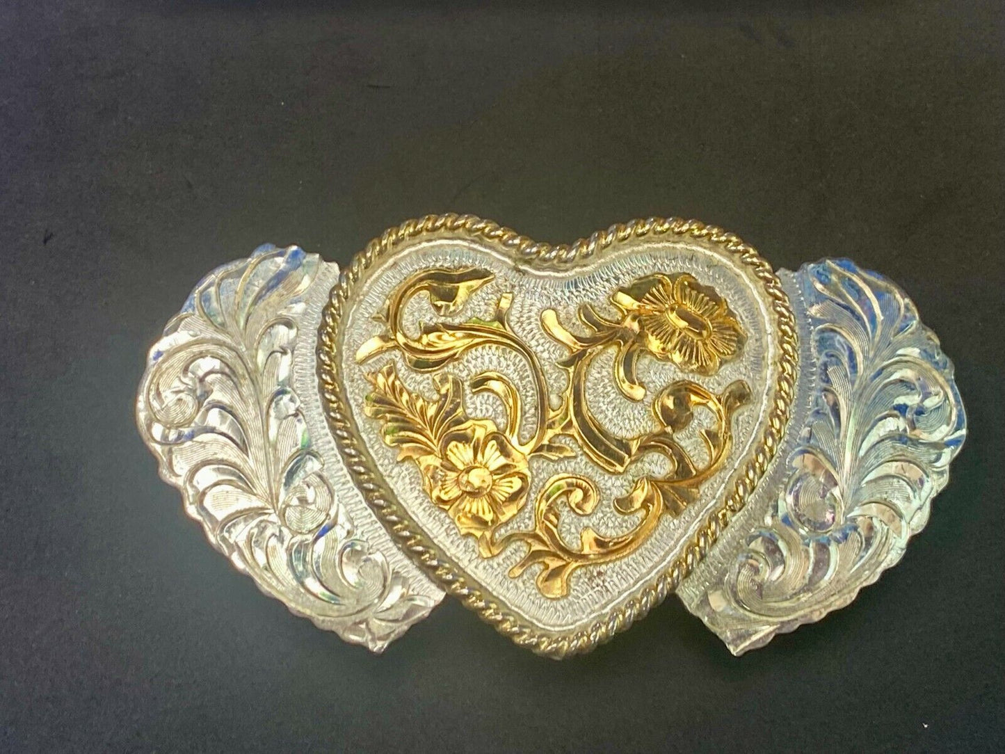 Three Hearts Flower Ornate Quality! Jg Hallmark Vintage Belt Buckle
