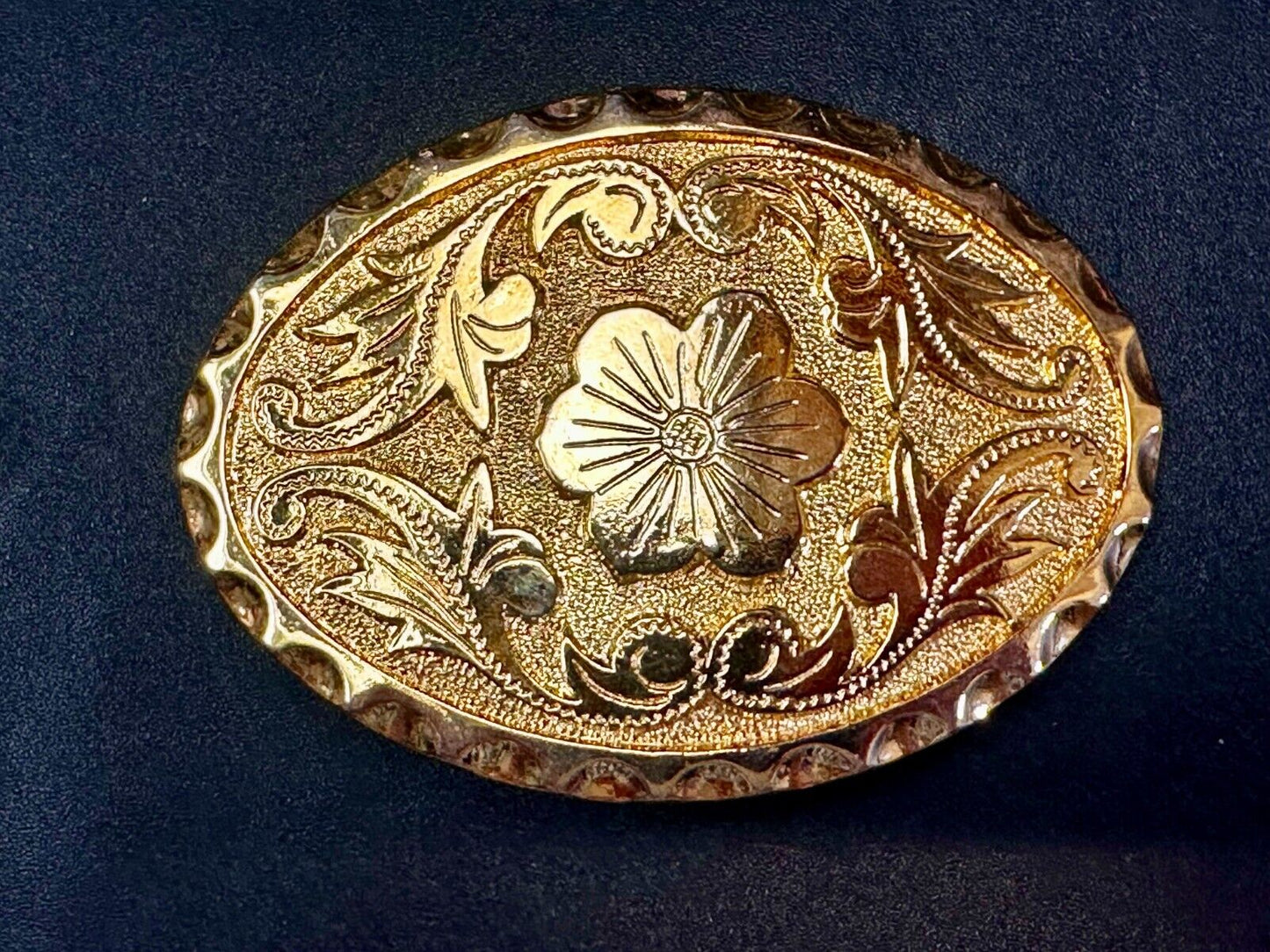 Vintage Etched Flower Floral Theme Western Oval Gold Tone Belt Buckle