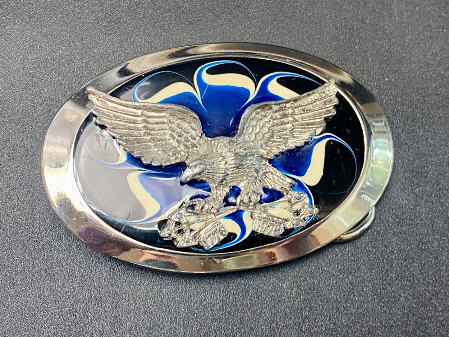 Vintage Eagle w/ arrows in claws western oval blue & cream enameled belt buckle