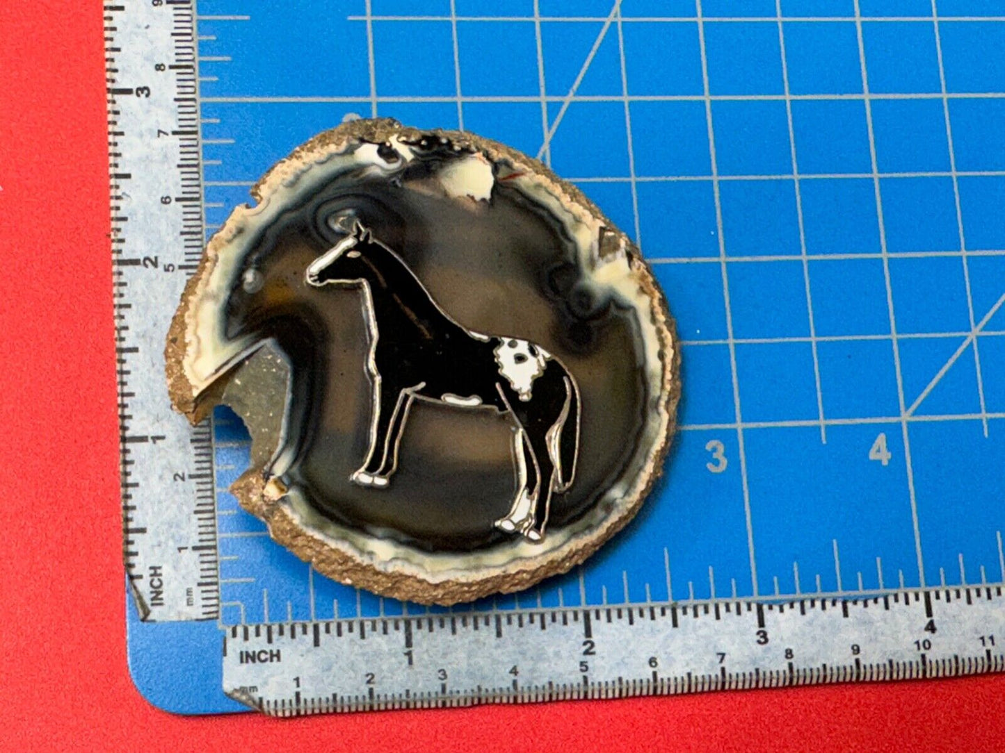 Artisan Standing Horse on round stone slab belt buckle - MISSING PIECE