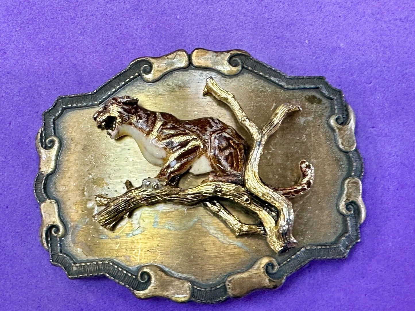 Vintage bobcat? leaping from branch western framed belt buckle by Raintree