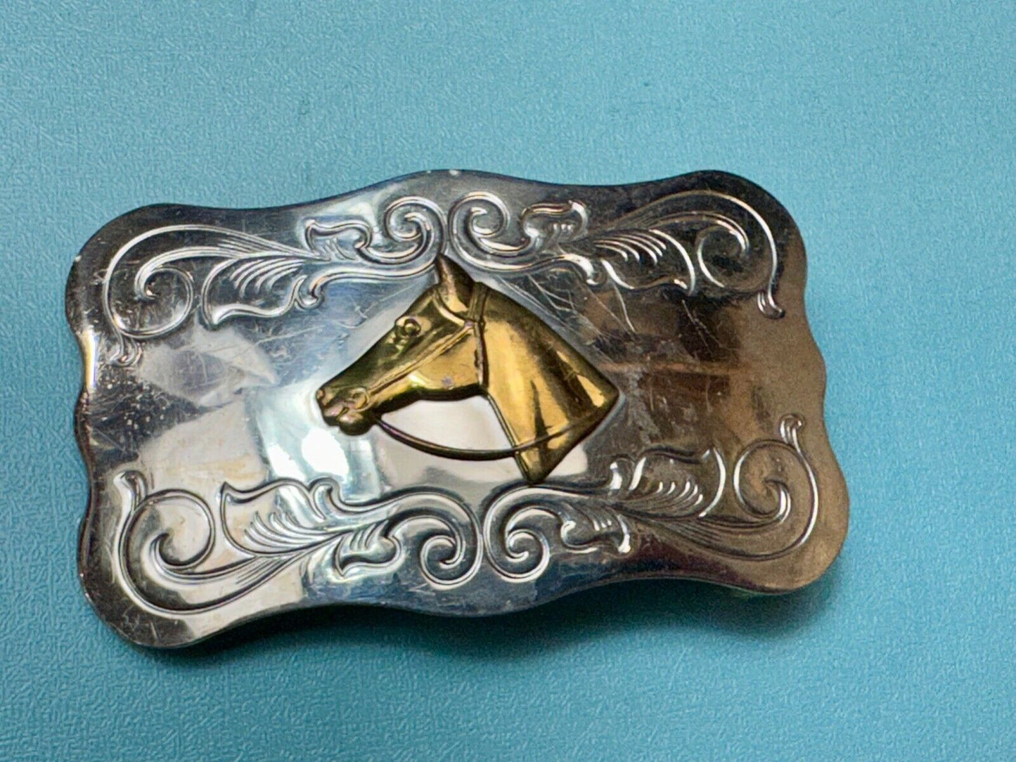Vintage Chambers nickel silver Horse head centered on western belt buckle