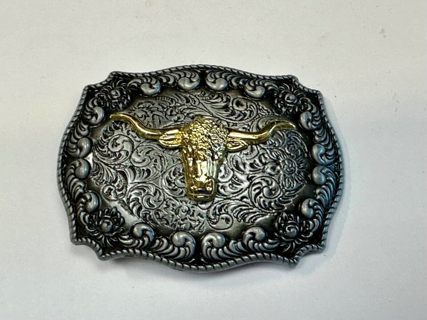 Two tone Ornate LONGHORN SKULL western belt buckle