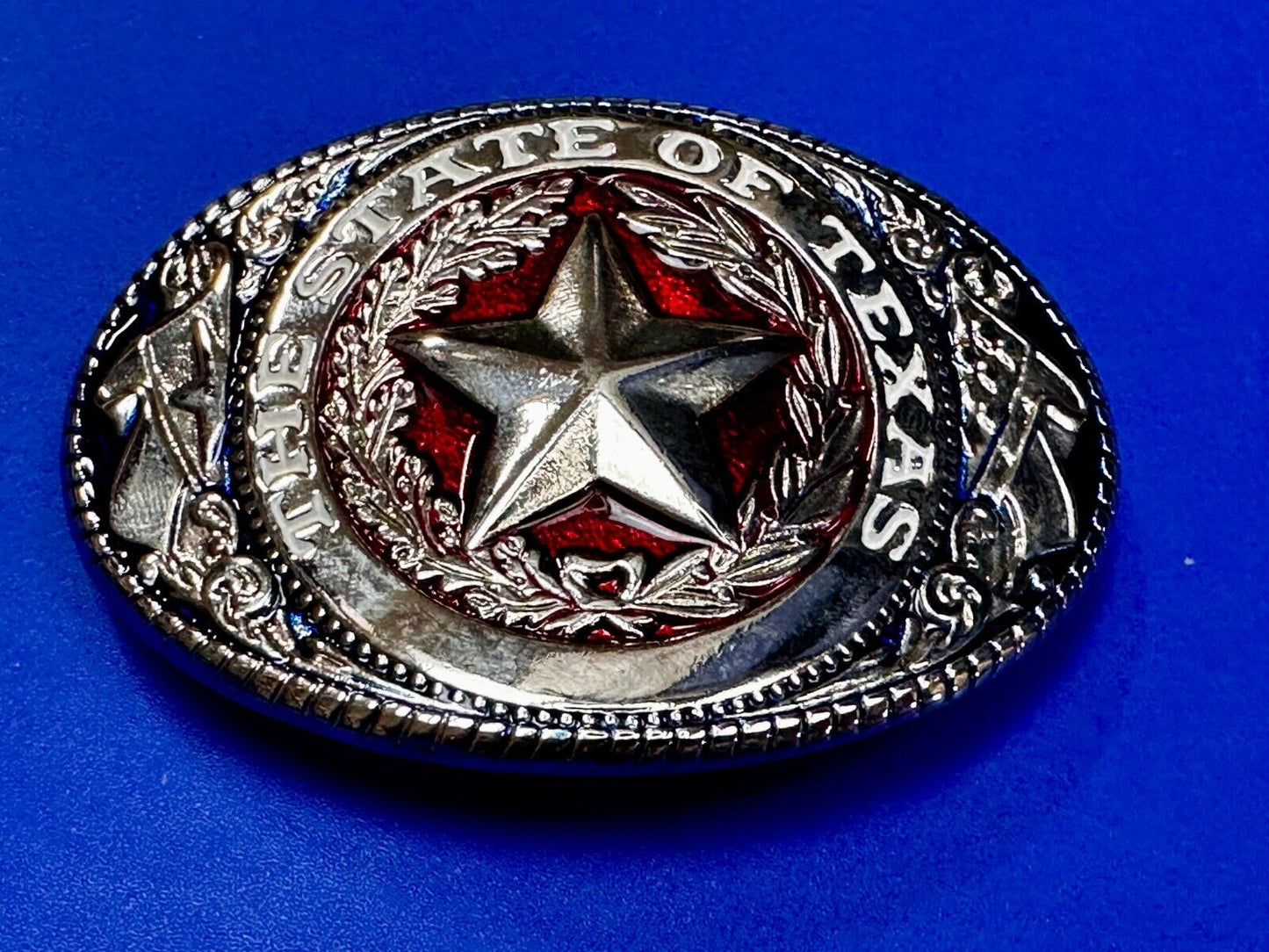 The Great State of Texas - Flag & Star Vtg. Red Blue & Black Color Belt Buckle