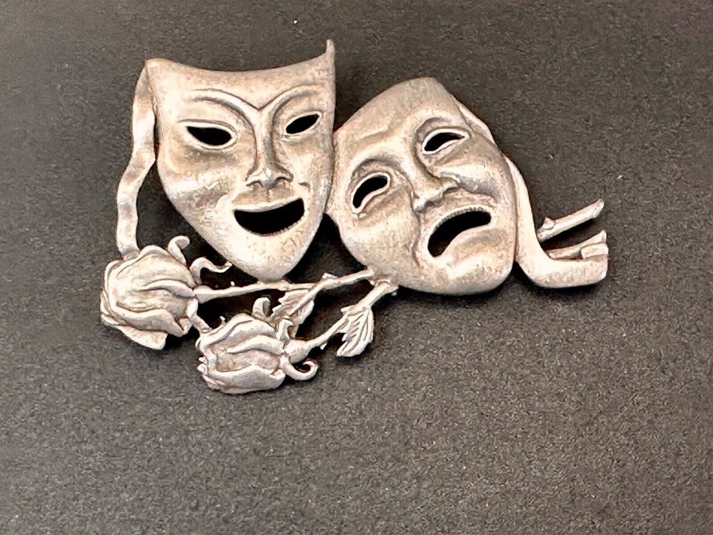 Theater Faces and Roses - Large JJ Signed silver tone vintage brooch pin