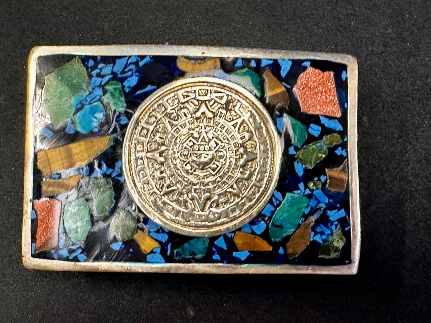 Aztec Mayan Calendar Sun God Face Turquoise Multi Stone Chip Inlay Belt Buckle