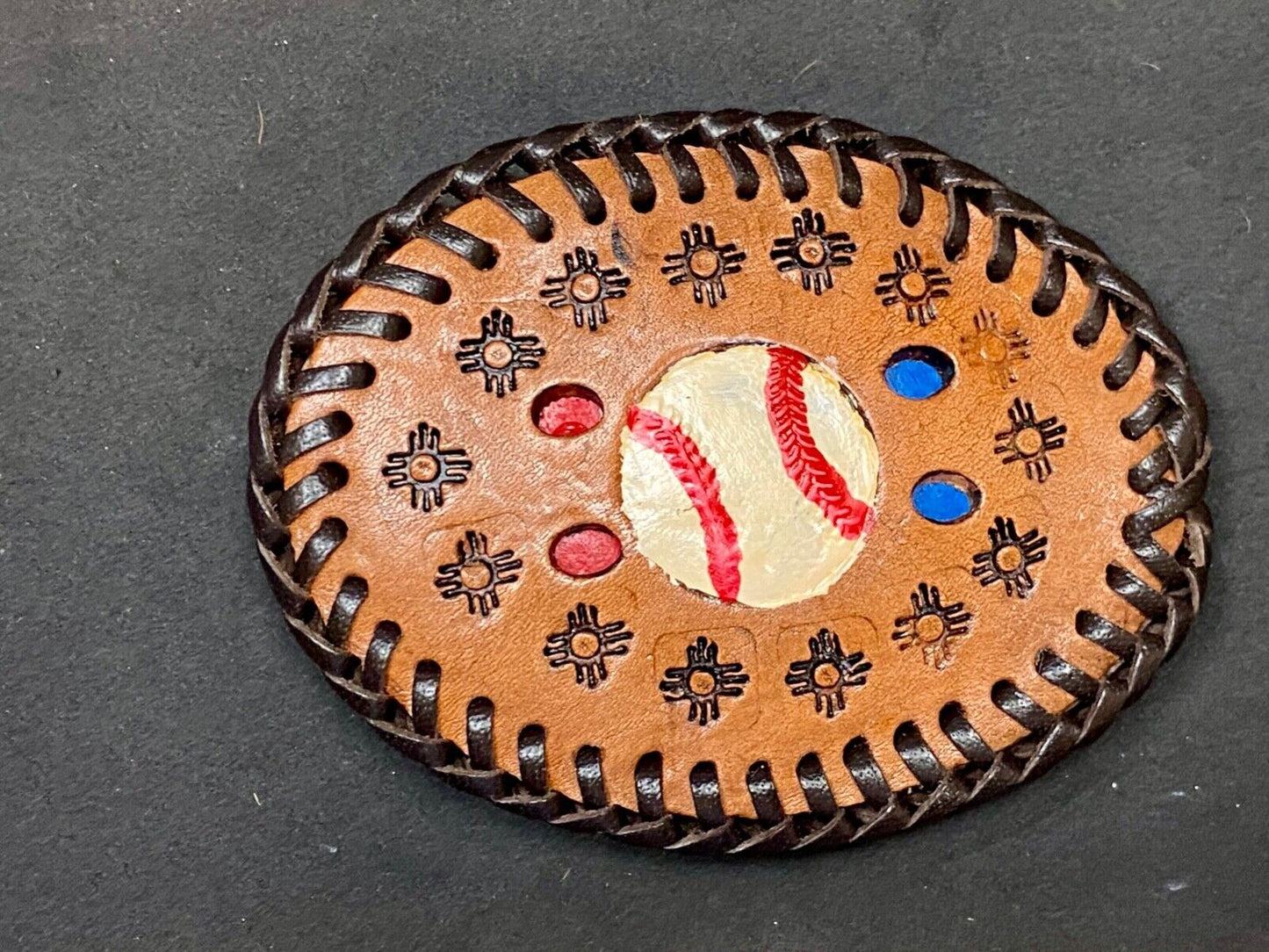 Vintage Baseball Brown Leather Hand Stitched Oval Belt Buckle - Ultimate Fan